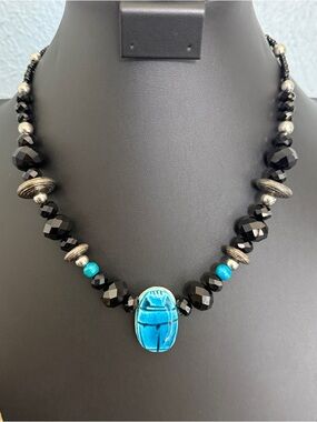 Glazed Ceramic Blue Scarab and Black Crystal Beaded Necklace